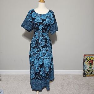 Vintage 90s Take Two Blue Floral Cotton Maxi Dress 1X